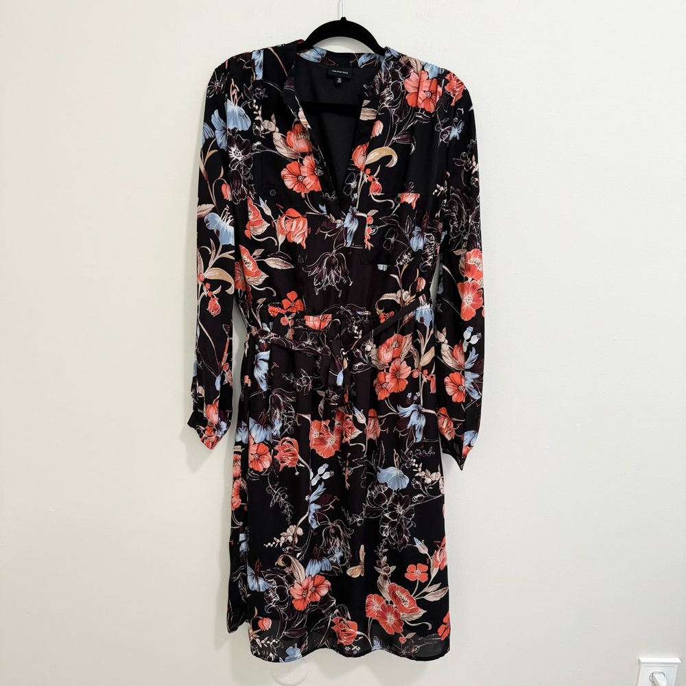Who What Wear Black Floral Long Sleeve Dress with Coral & Light Blue Flowers